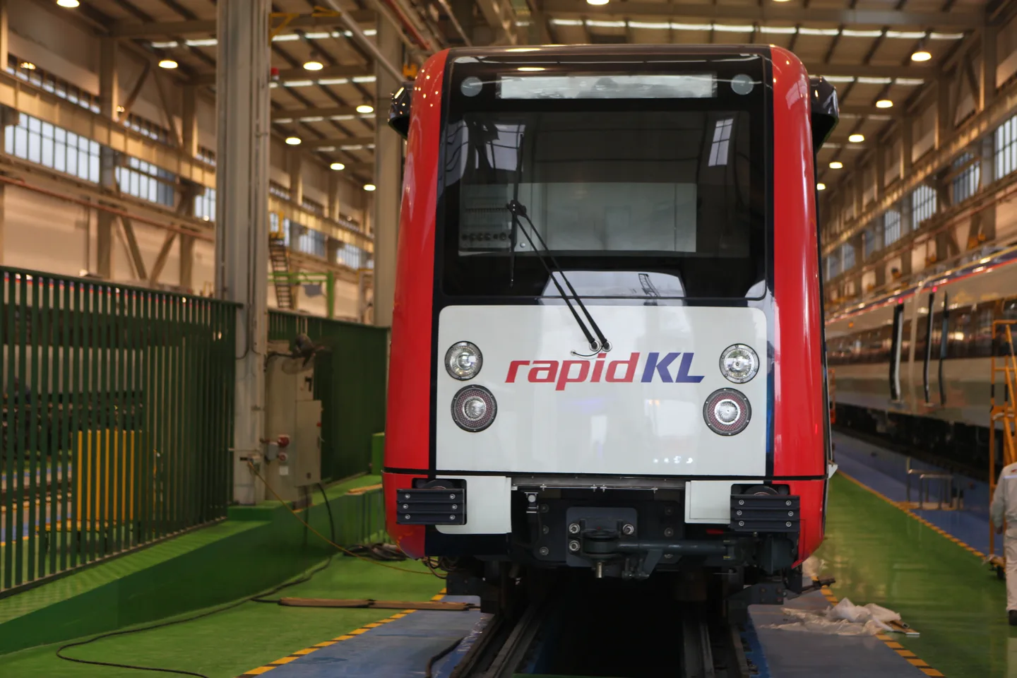 Ampang Line LRV at the depot — rapidKL livery front