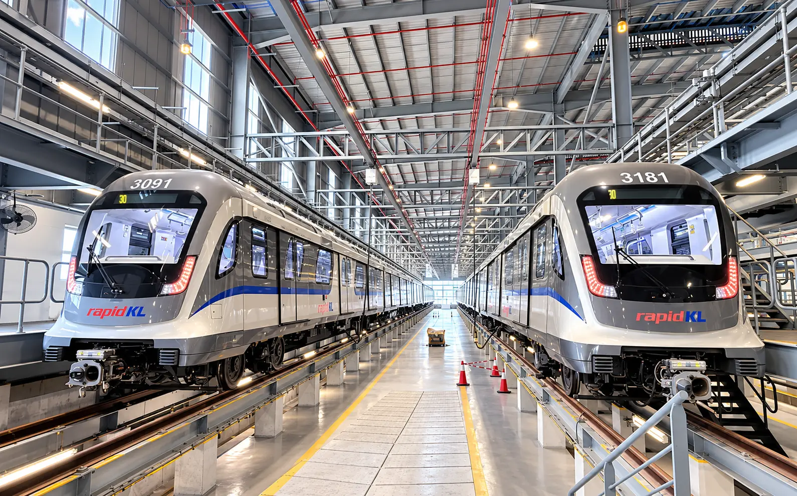 Rolling stock lined up in a CRRC assembly hall